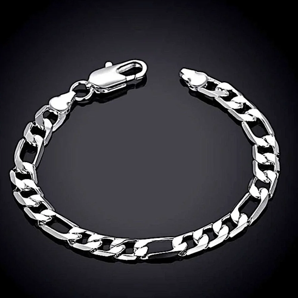 CUBAN FIGARO STERLING SILVER CHAIN LINK UNISEX 8MM BRACELET SET
